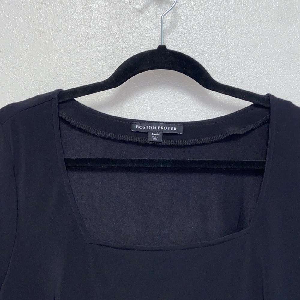 Boston Proper Black Square Neck 3/4 Sleeves Banded Blouson Hem Blouse 3673 - Picture 3 of 10